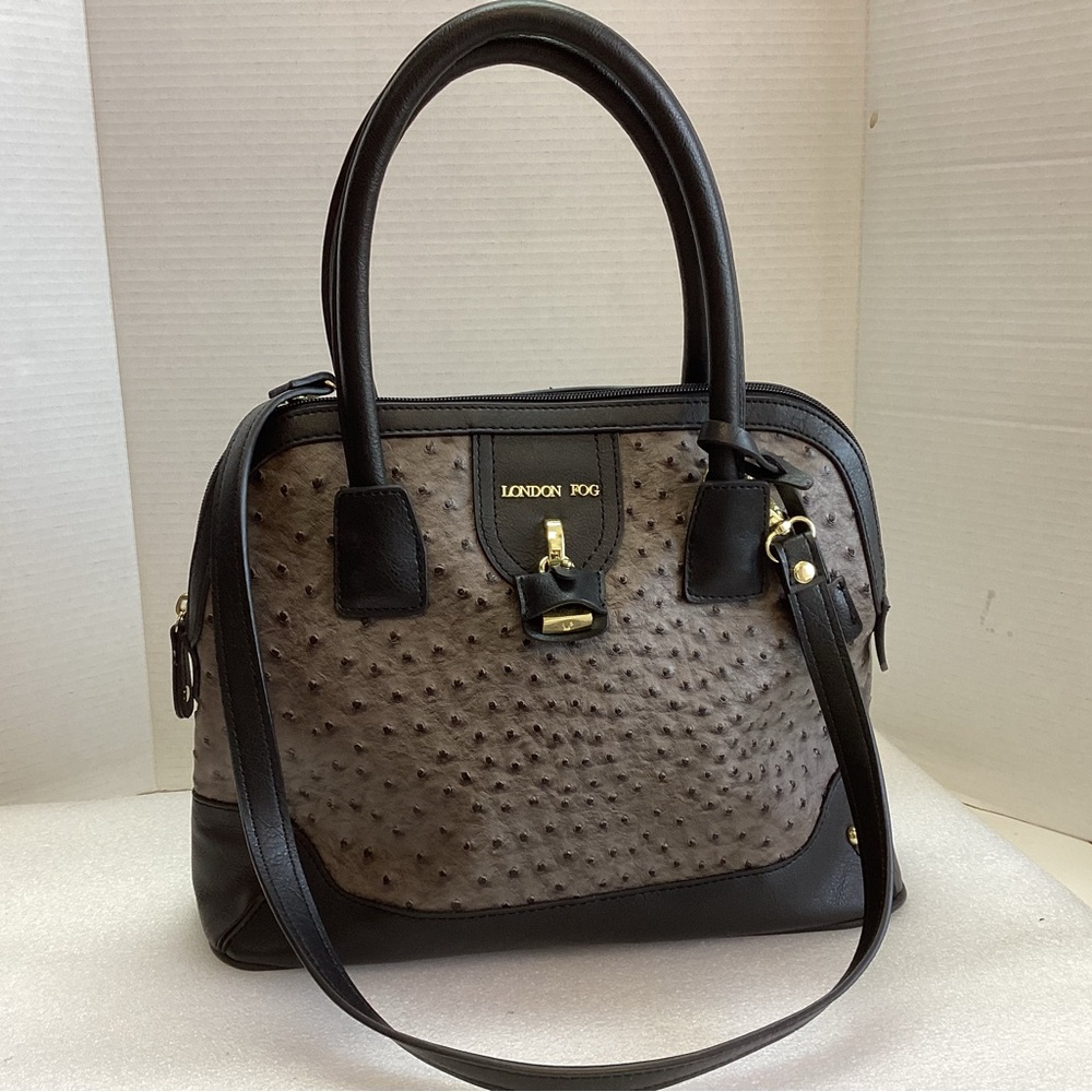 London Fog Vegan Ostrich Leather Satchel Handbag in Black & Gray KS5